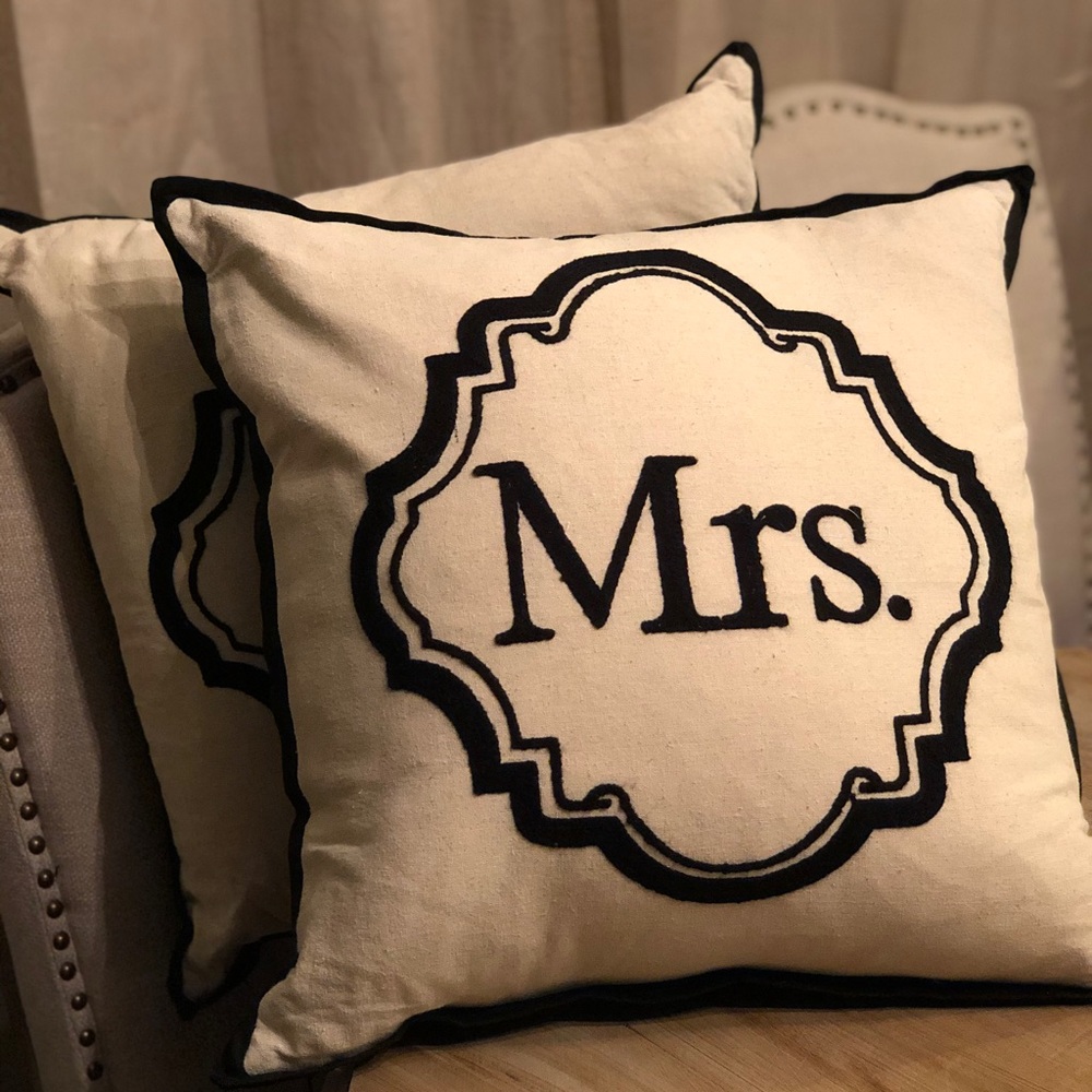 Black and Tan monogram and “Mrs.” accent pillows